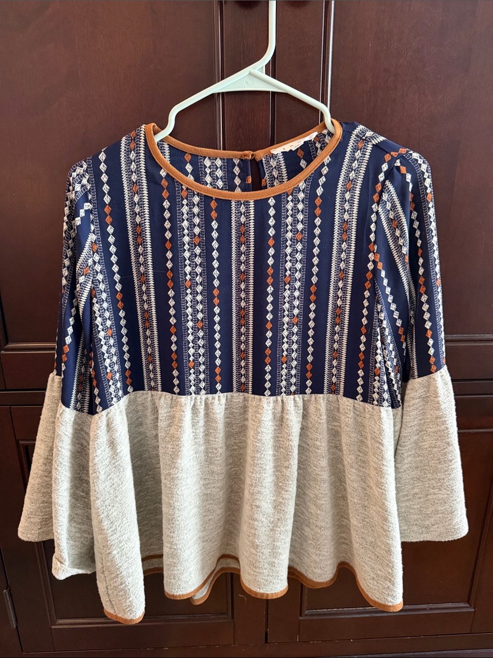 THML Navy, Cream and Tan Patterned Peplum Tunic